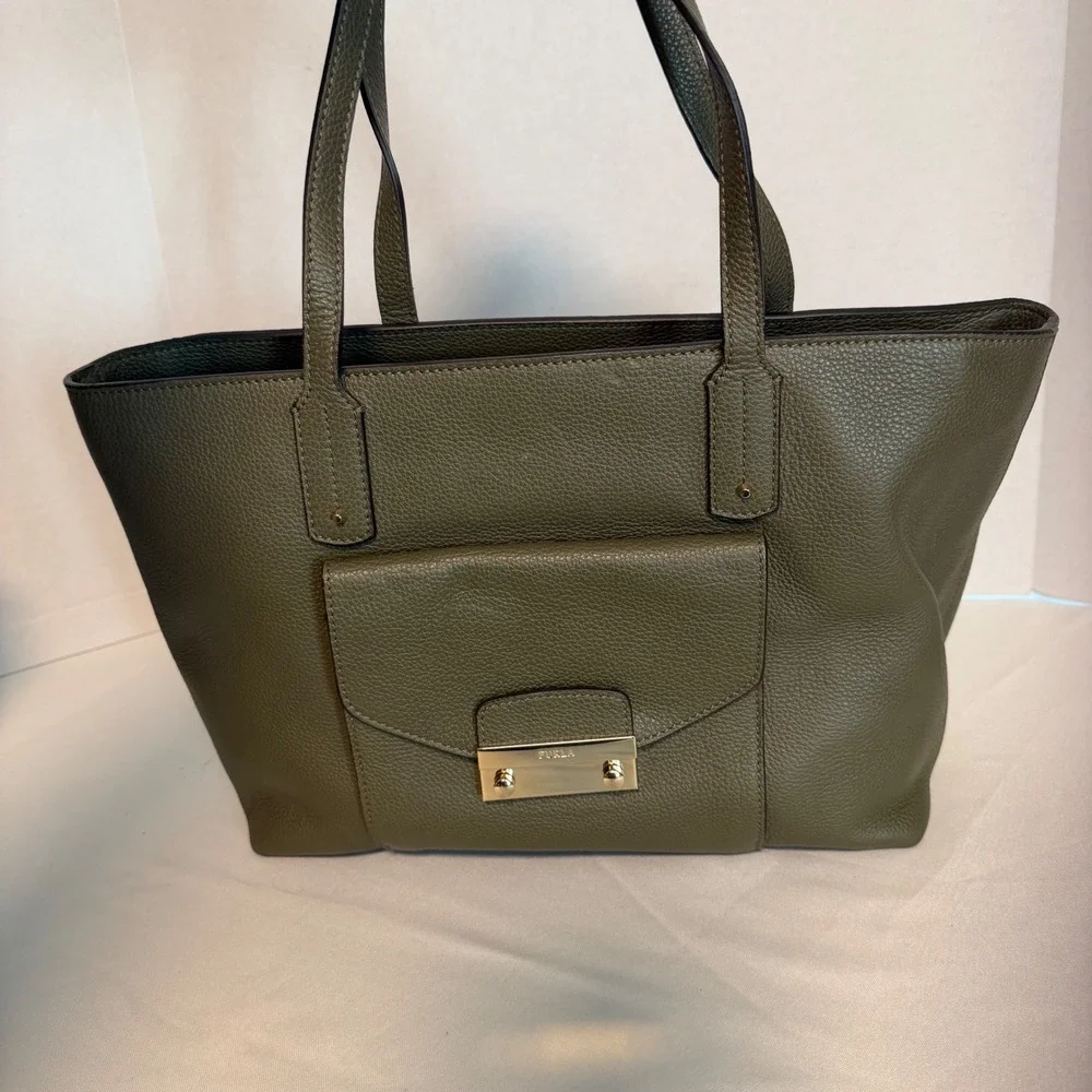 🔵 Furla Olive‎ Green Pebbled Leather Tote Bag Gold Hardware Shoulder Italy
